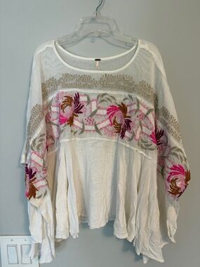 Free People White Peasant Tunic with Pink & Brown Floral Embroidery